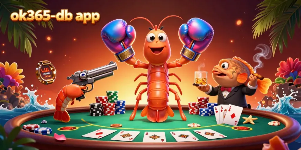 A playful scene featuring the ok365-db app characters in an exciting poker match, showcasing vibrant casino elements and dynamic action.