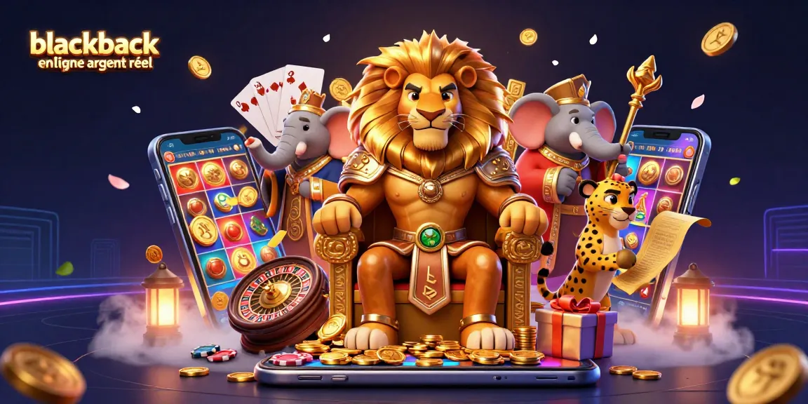 Jouez au blackjack en ligne argent réel avec le roi lion, un éléphant sage et un guépard messager dans un casino dynamique.