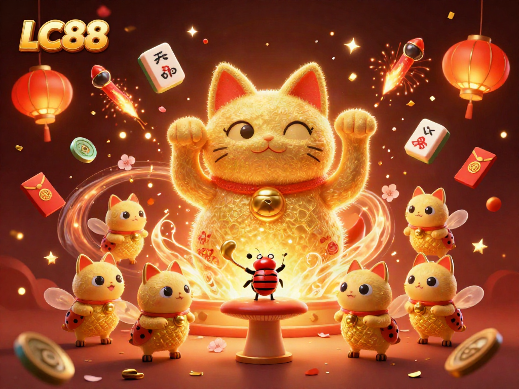 Experience the enchanting LC88 world with a vibrant lucky cat and festive casino symbols.