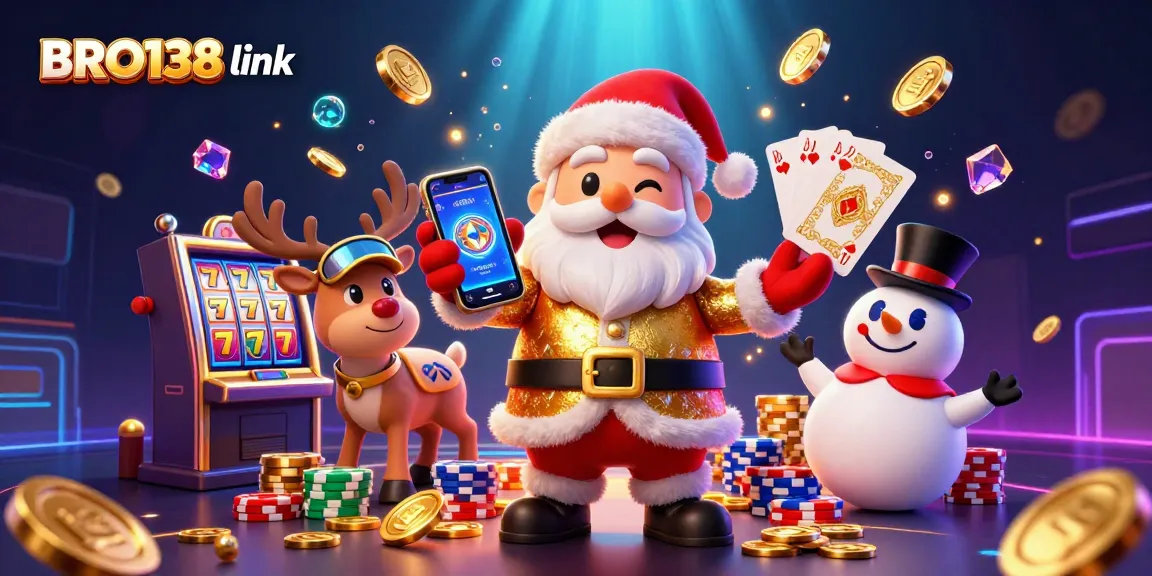 Experience thrilling excitement with BRO138 link, featuring Santa and friends celebrating jackpot slots.