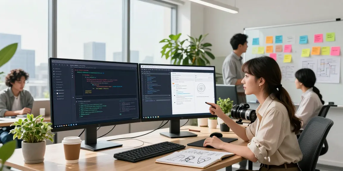 Developer using 纸飞机中文版 app in a vibrant tech workspace, collaborating and coding.