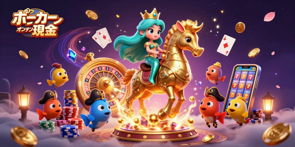 ポーカー オンライン 現金を楽しむ場面を描いたイラストで、豪華なポーカーの要素が満載です。