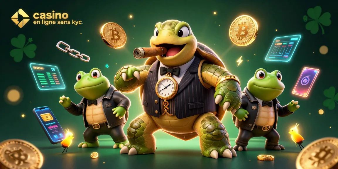 Illustration dynamique d'un casino en ligne sans KYC avec une tortue massive et des grenouilles en costume, symboles Bitcoin et Ethereum.