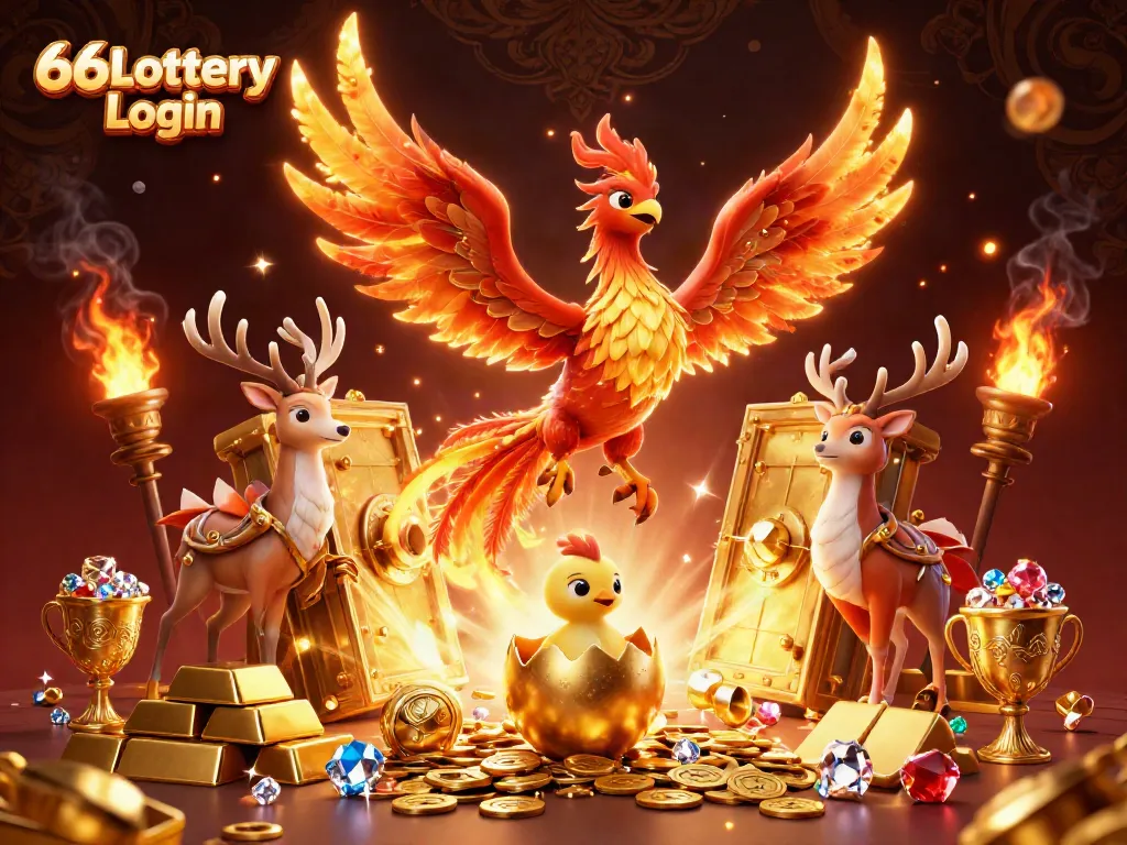 Experience the excitement of 66Lottery Login with a flaming phoenix, jewels, and golden treasures.