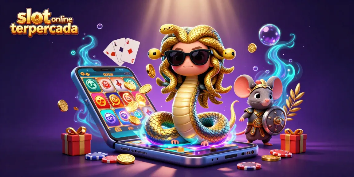 Mainkan slot online terpercaya dengan kartun Medusa dan mouse pejuang yang berwarna-warni.