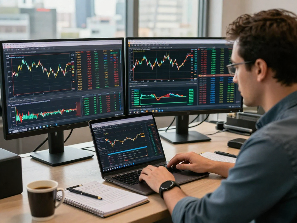 分析市场数据的交易者，使用 MetaTrader 5 进行金融交易，展示专业交易环境