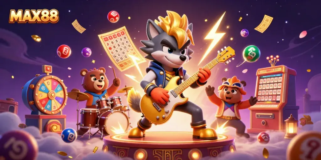 MAX88 ignites excitement with a golden rock star wolf performing in a vibrant casino scene surrounded by colorful lottery elements.