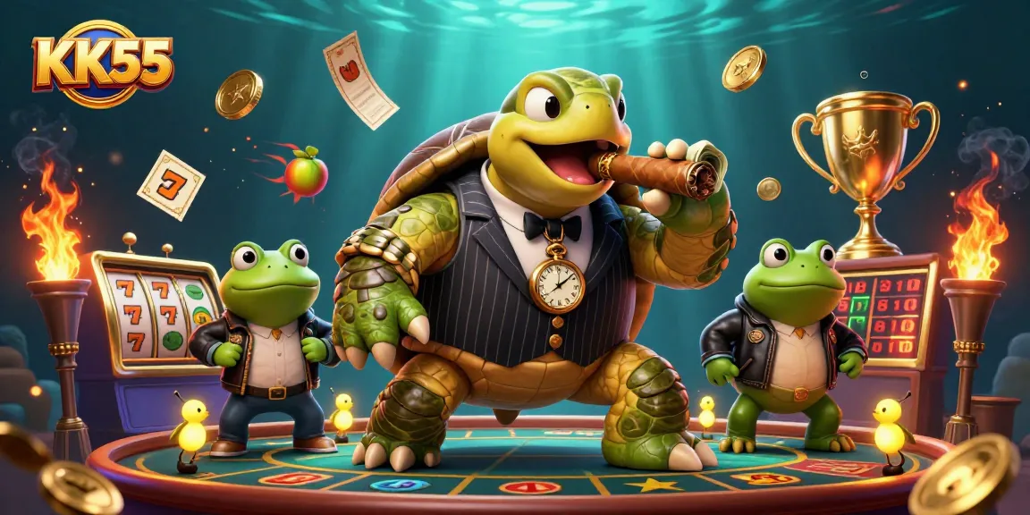 KK55 casino offers a dynamic scene with a snapping turtle in a pinstripe suit winning big at slots.