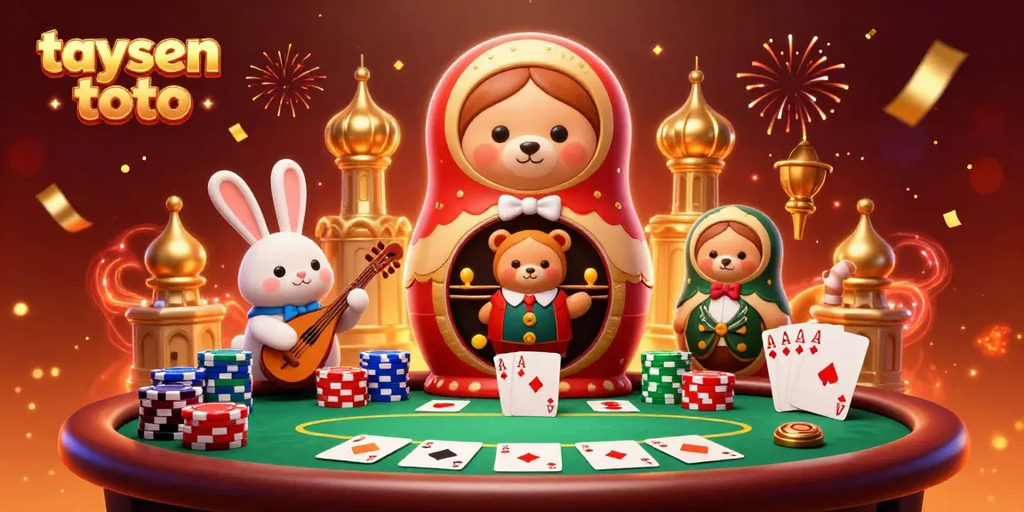 Taysen toto bears at a casino table revealing smaller bears, surrounded by chips and festive effects.