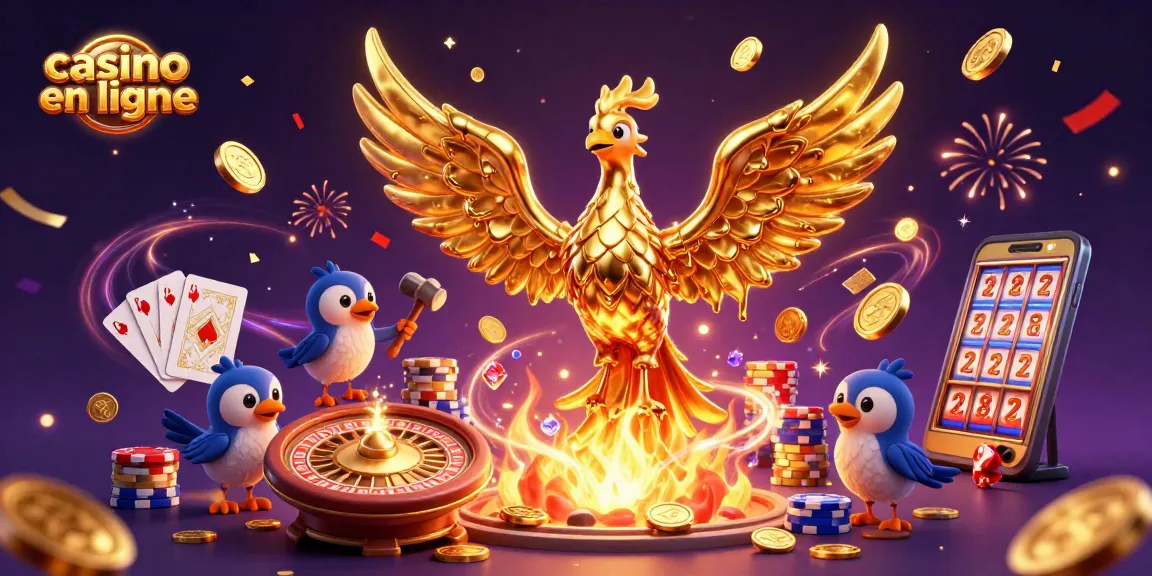 Jouer dans un casino en ligne avec un phoenix doré et des pièces d'or tombant.