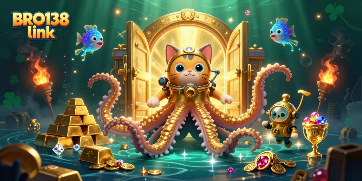Engage with the thrilling world of BRO138 link, featuring a colossal kraken and adventure in a treasure-filled scene.