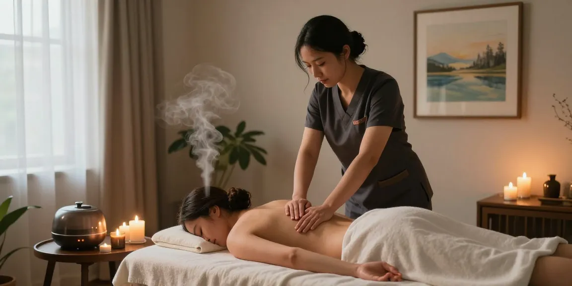 Soothing 구로출장안마 session in a cozy massage room with candles and soft lighting.