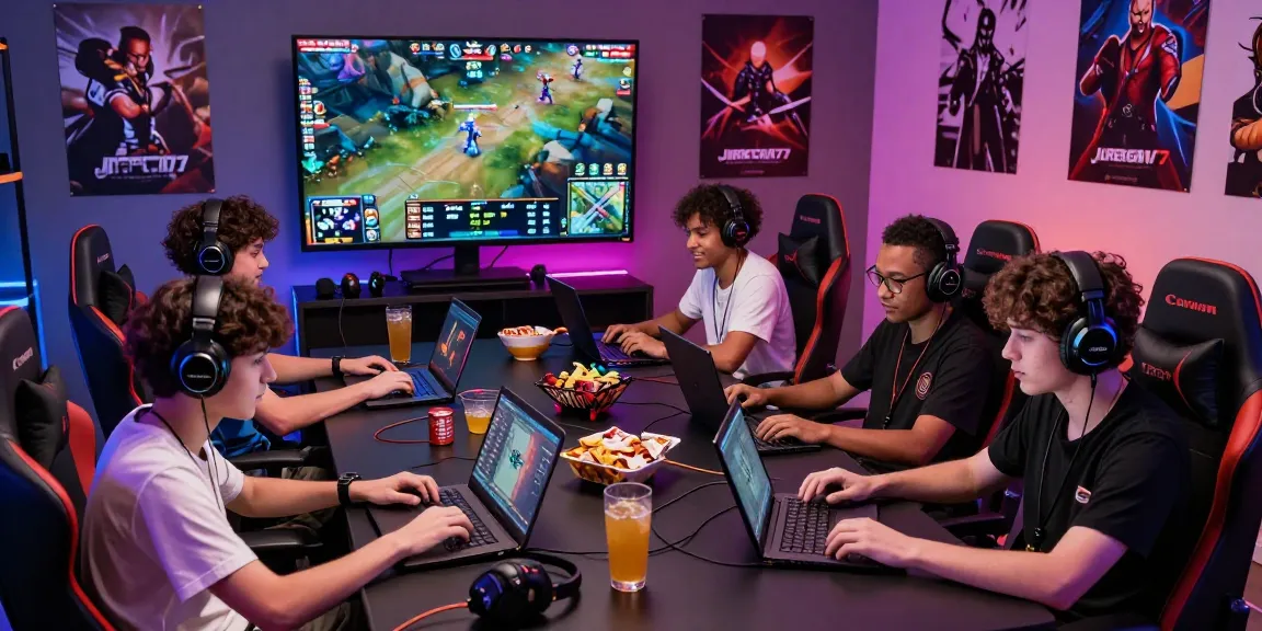 Pengalaman bermain game online JURAGAN77 dengan beberapa pemain di depan laptop dan tablet, suasana penuh kegembiraan dan aktivitas sosial.