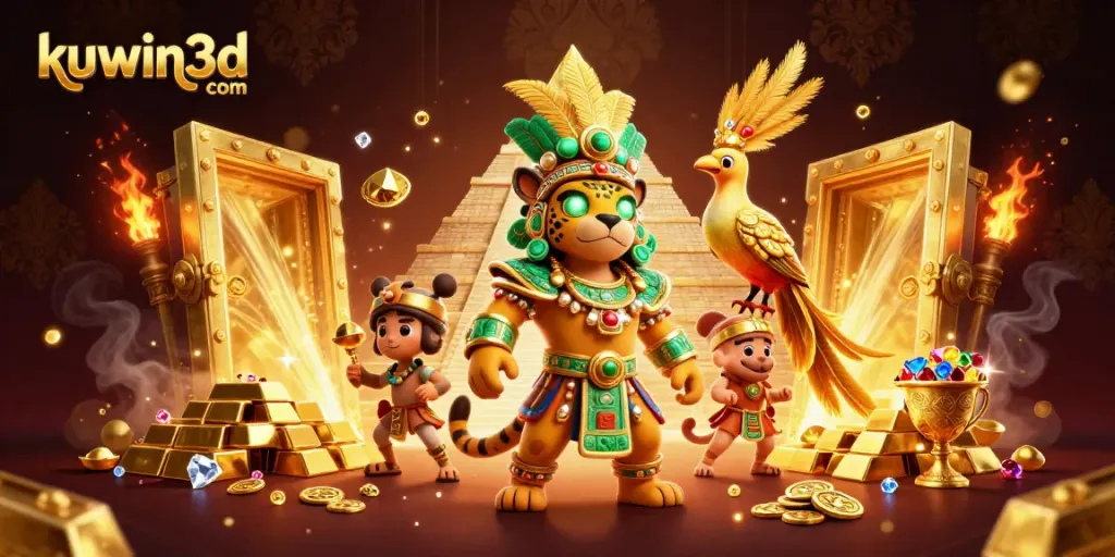 Engage in thrilling online gaming with kuwin3d com's vibrant casino illustration featuring Mayan priest characters.
