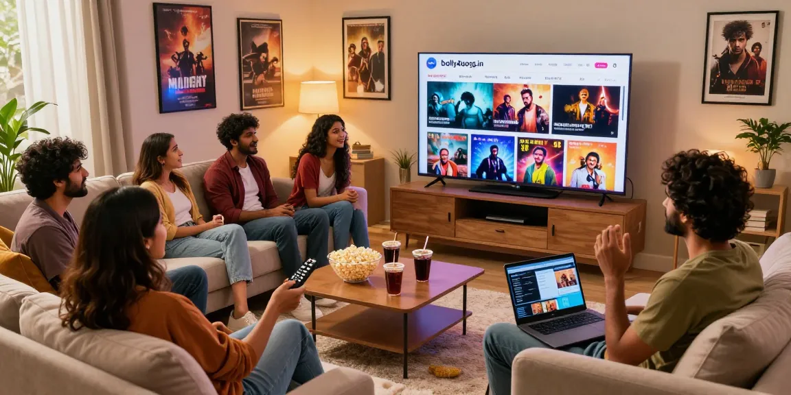 Friends enjoying movie night while browsing https://bolly4uorg.in for the latest films in a cozy living room.