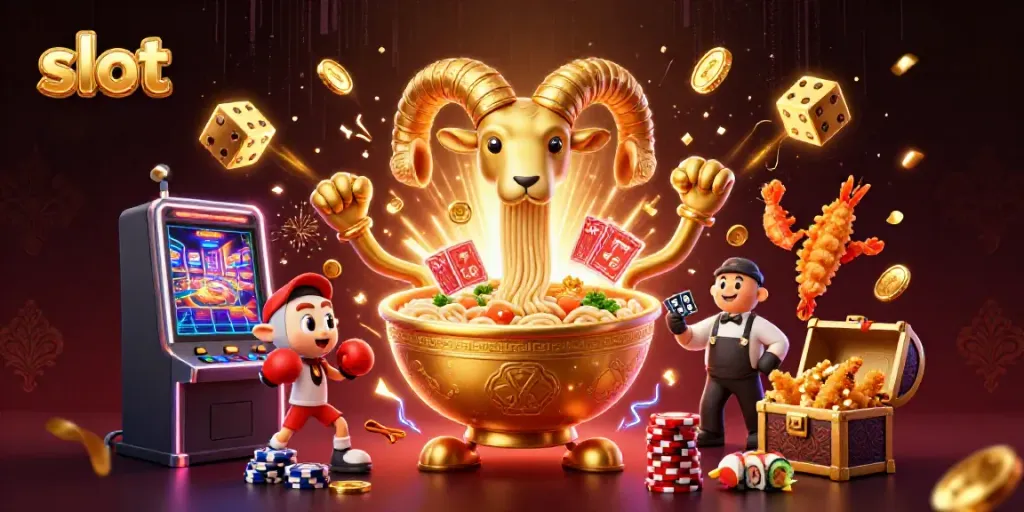 Engage with vibrant slot gameplay featuring a golden ramen bowl dealer amidst a jackpot explosion.