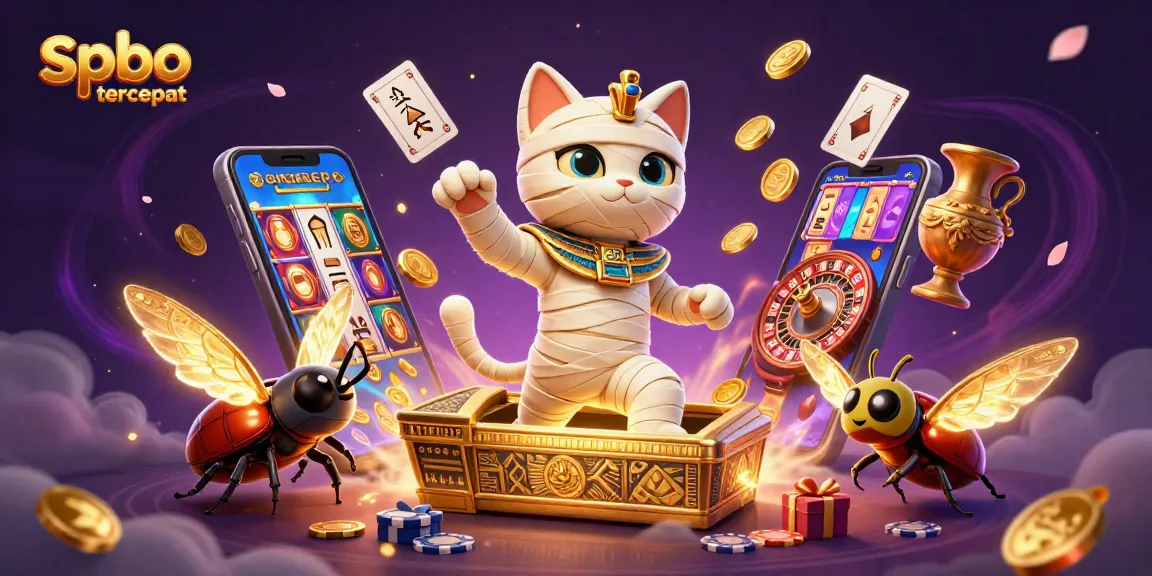 Celebrate the excitement of spbo tercepat with a vibrant 3D illustration of a mummy cat and golden casino elements.
