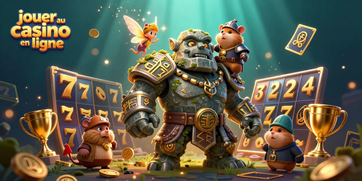Jouer au casino en ligne avec un golem, une fée et un hamster chevalier autour de machines à sous dorées.