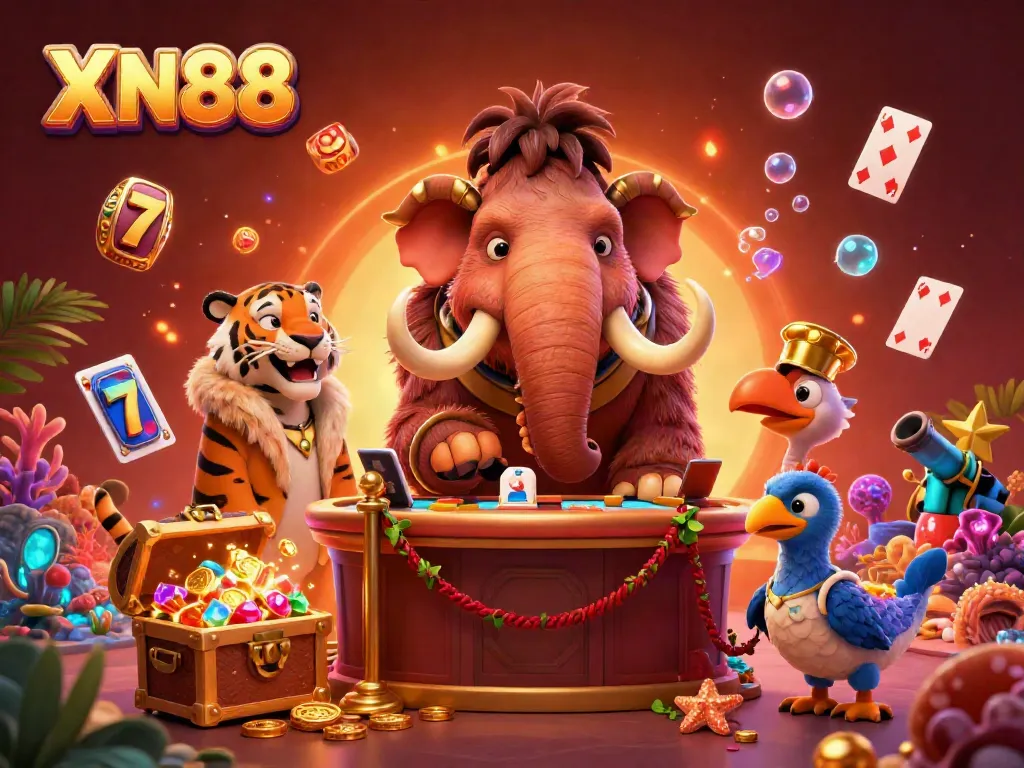 Experience the vibrant world of XN88 with a cartoon woolly mammoth checking IDs at an extravagant casino.