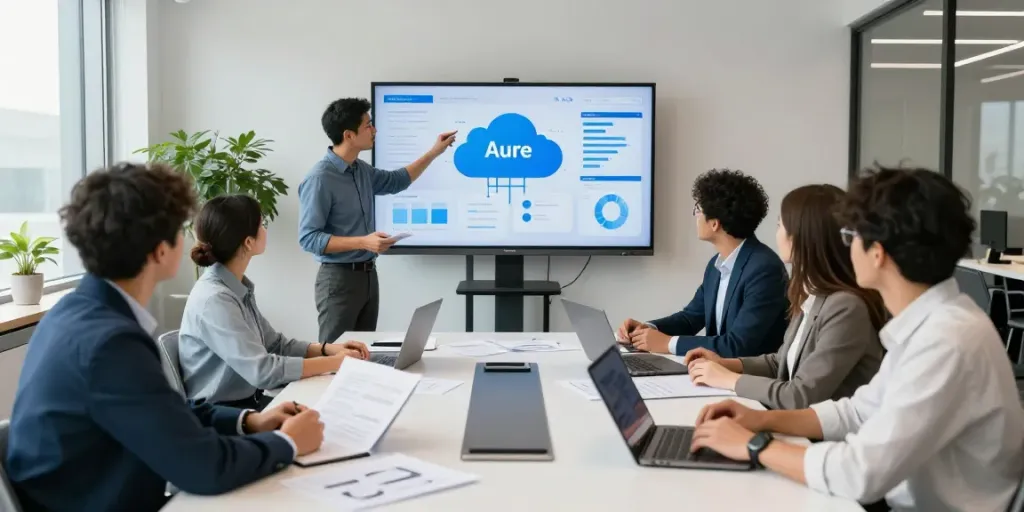 Microsoft Azure managed service provider team collaborating efficiently in a modern office.