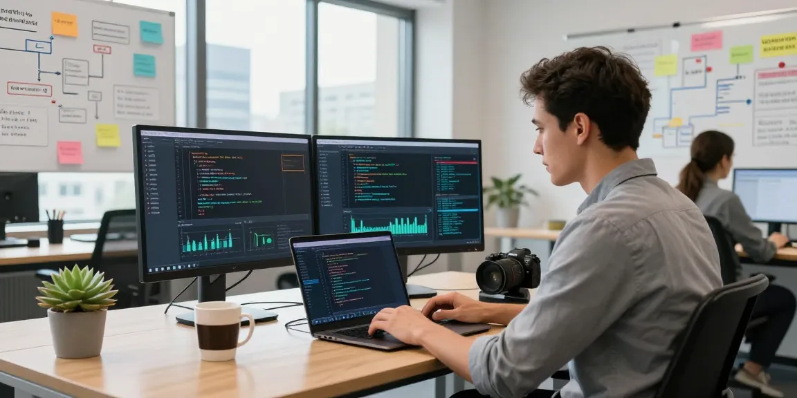 Kinetiq software engineer in a modern office with dual monitors displaying analytics, creating innovative tech solutions.