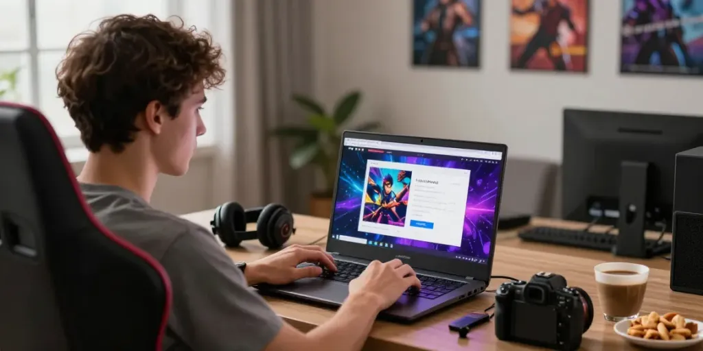 Enjoyable rokok88 login experience with vibrant gaming graphics in a cozy home office.