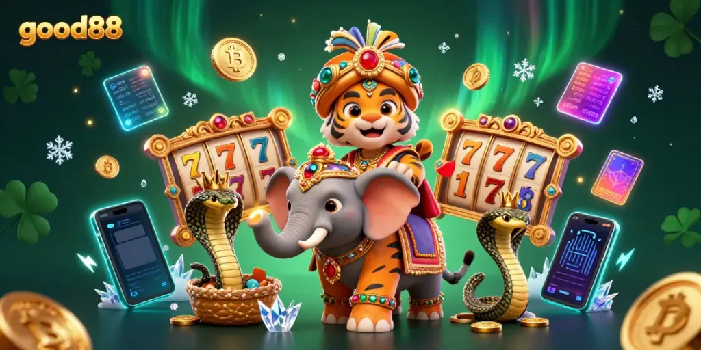 Experience the excitement of good88 casino with vibrant slots, coins, and majestic characters in a dynamic 3D scene.