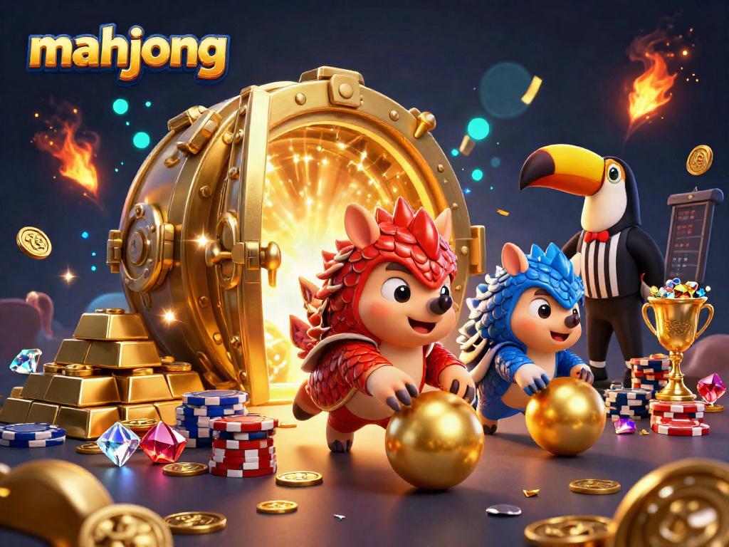 Engaging scene of mahjong experts, two pangolins competing in a casino setting with vibrant poker chips and golden treasures.