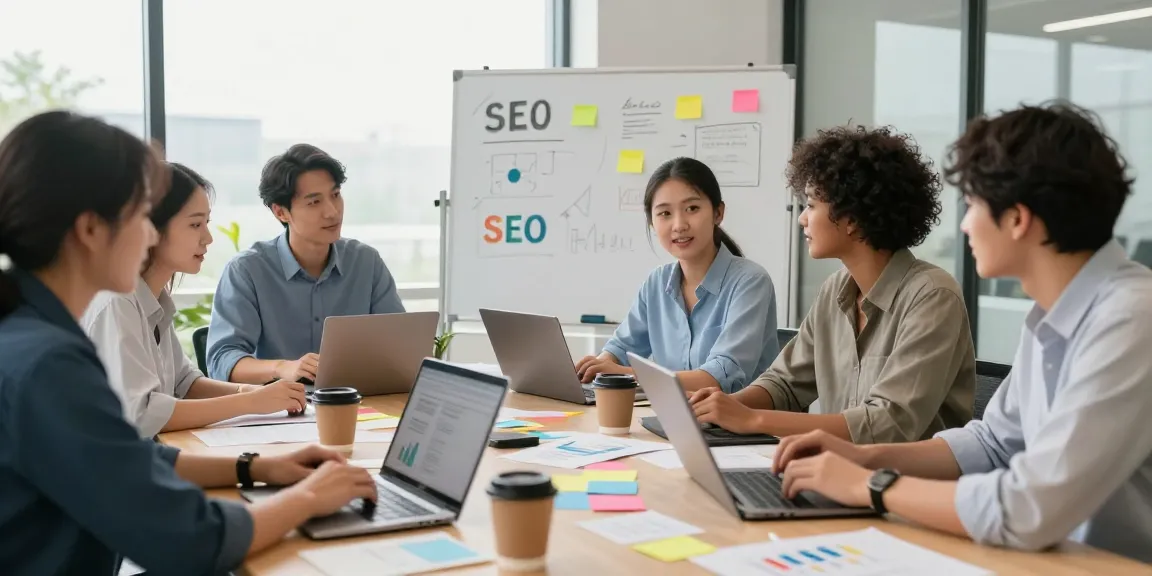 SEO 전문업체의 팀원이 전략 회의를 하는 모습