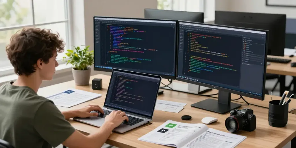 Developer coding on a laptop in an organized workspace highlighting h5.2113.net open-source apps.