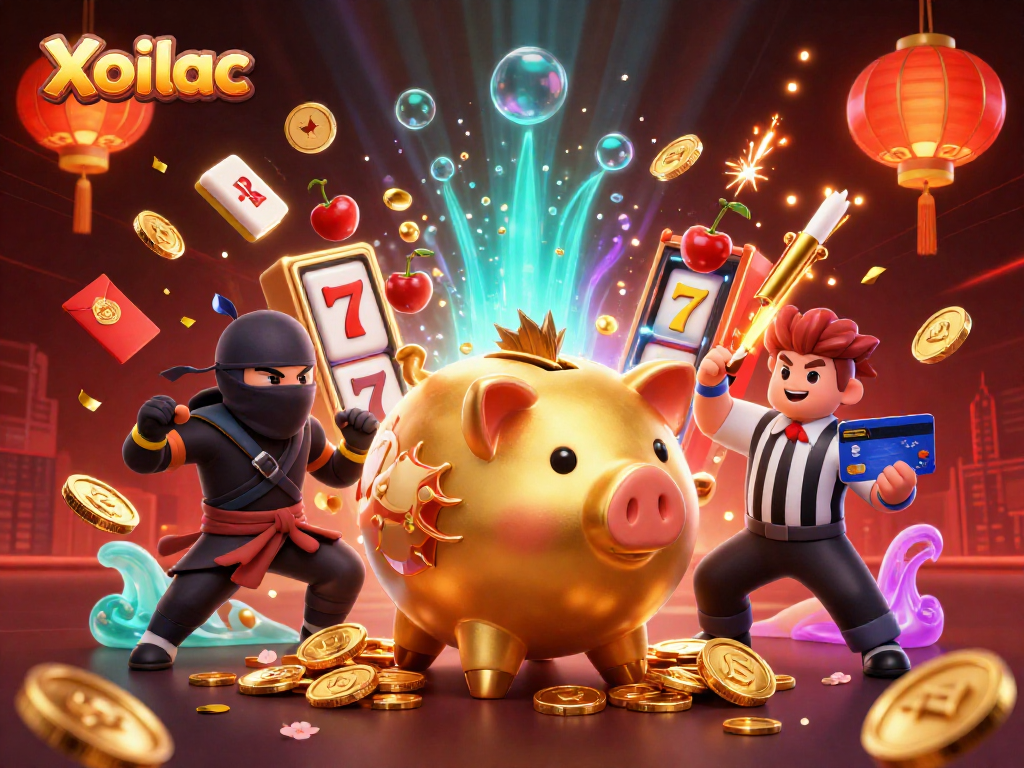 Experience Xoilac's thrilling slots with an energetic, elaborate 3D casino scene.