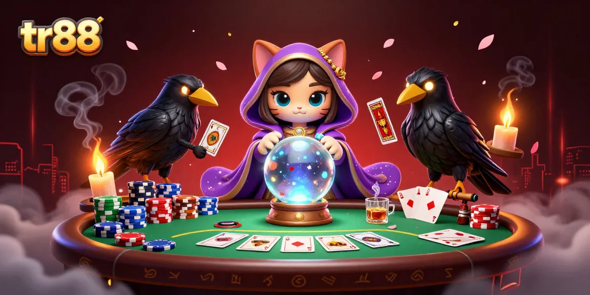 Play poker at tr88 with fortune teller cat, raven, and dynamic casino elements.