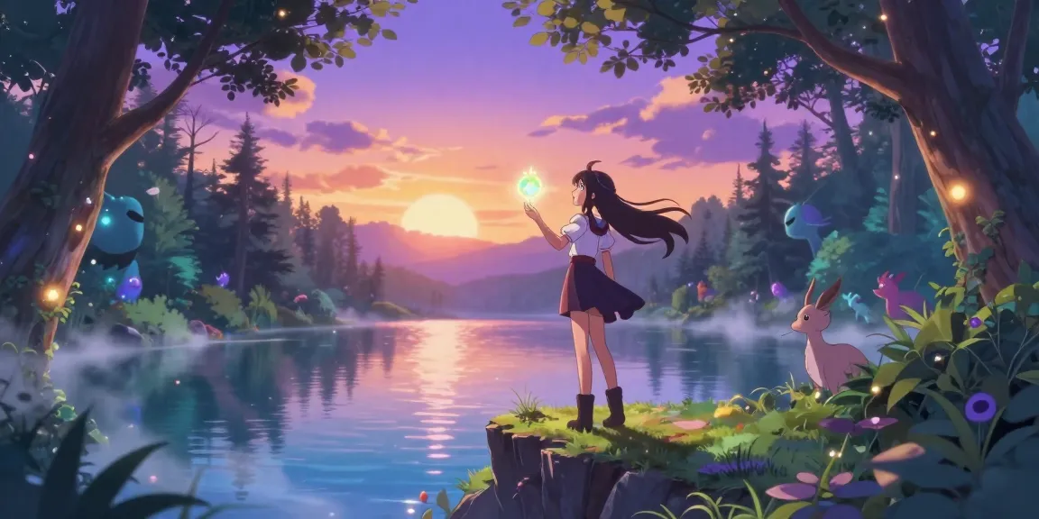 Young woman enjoying ai ecchi scene in a magical landscape featuring vibrant colors and mystical creatures.