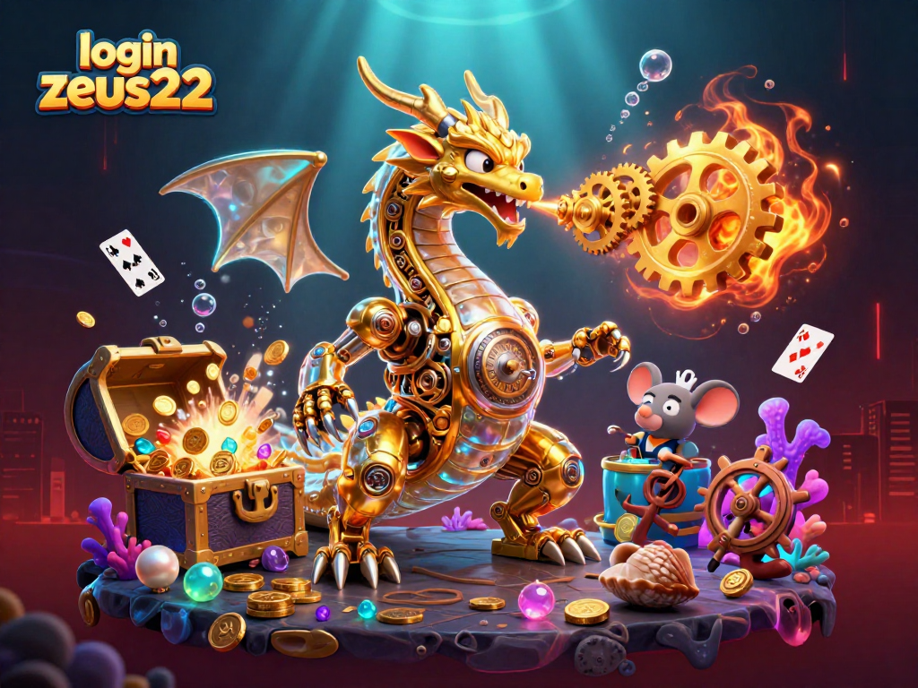 Experience the thrill of login zeus222 with immersive scenes featuring a golden dragon and treasure.