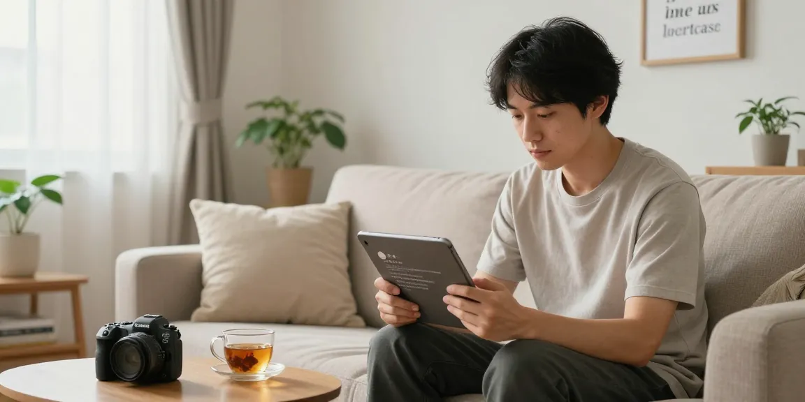 キトー君の口コミを読む男性のリラックスした空間