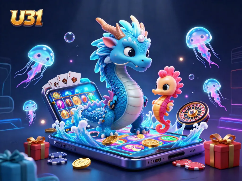Experience thrilling U31 gameplay with a vibrant illustration of a dragon, knight, and jellyfish in a casino setting.