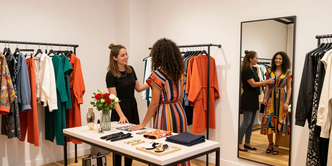 Consulenza di Personal shopping in boutique, cliente prova abiti con l’aiuto di uno stylist.