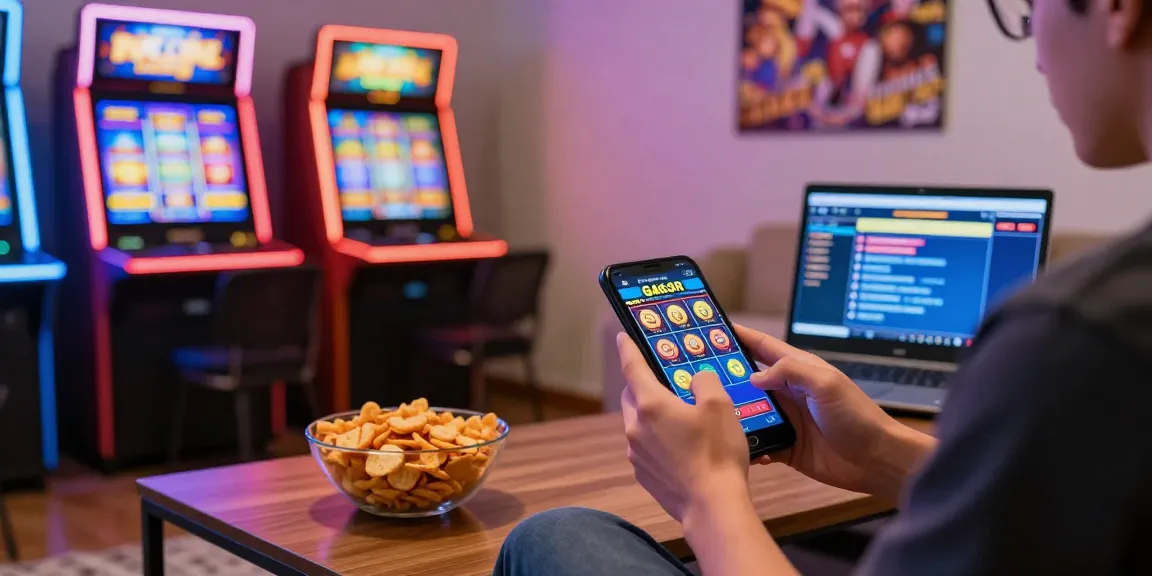 Person enjoying slot gacor gameplay on mobile device in a cozy living room.