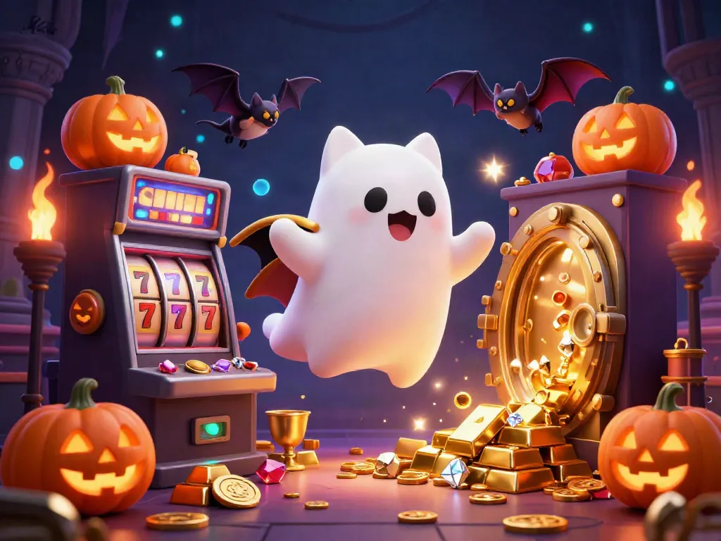Engaging slot gaming scene featuring a floating ghost cat, a bat, and treasures in a haunted casino atmosphere.