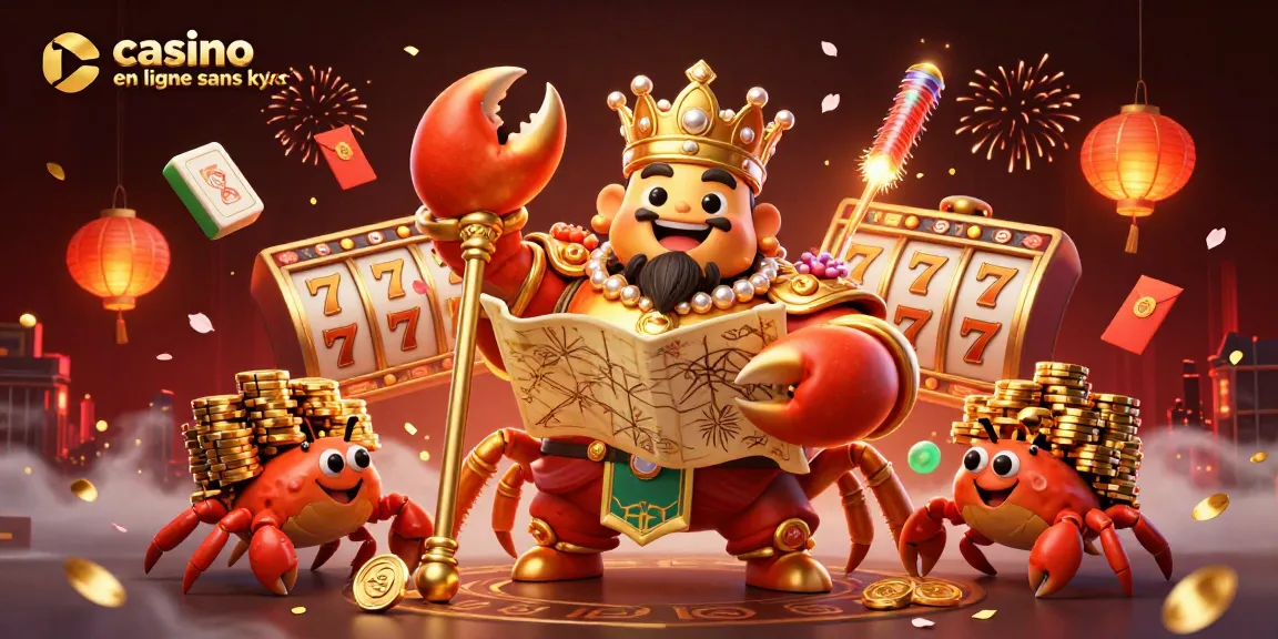 Jouez au casino en ligne sans KYC avec une scène dynamique illustrant un crabe doré entouré de jeux et de trésors.