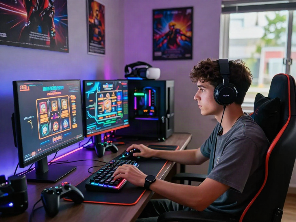 Player immersed in slot88 gaming on a high-performance setup, featuring vibrant RGB lighting and dynamic graphics.