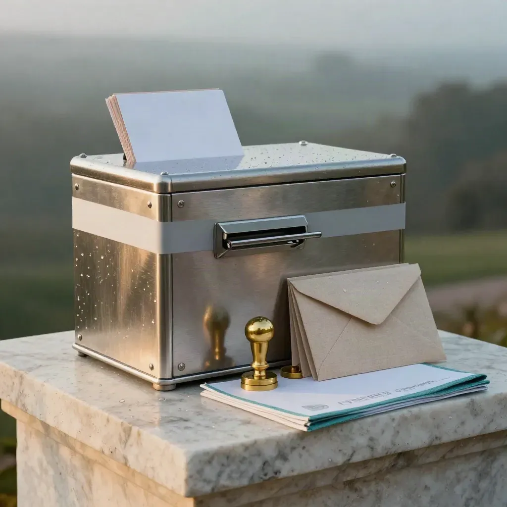Donation lockbox, pledge cards, linen envelopes and brass stamps on a rain-kissed limestone plinth.