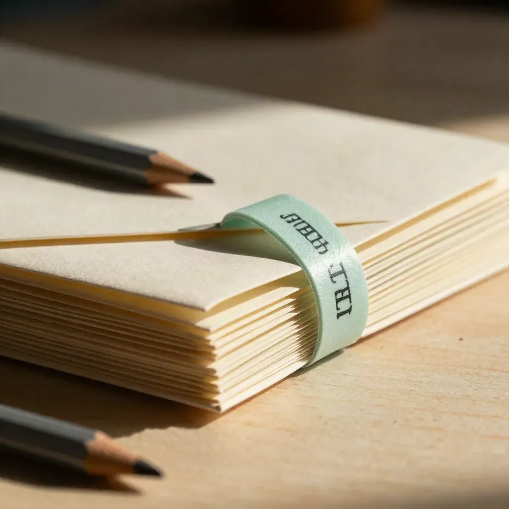 Macro of envelopes, pencil stub, and mint wristband on pale wood.