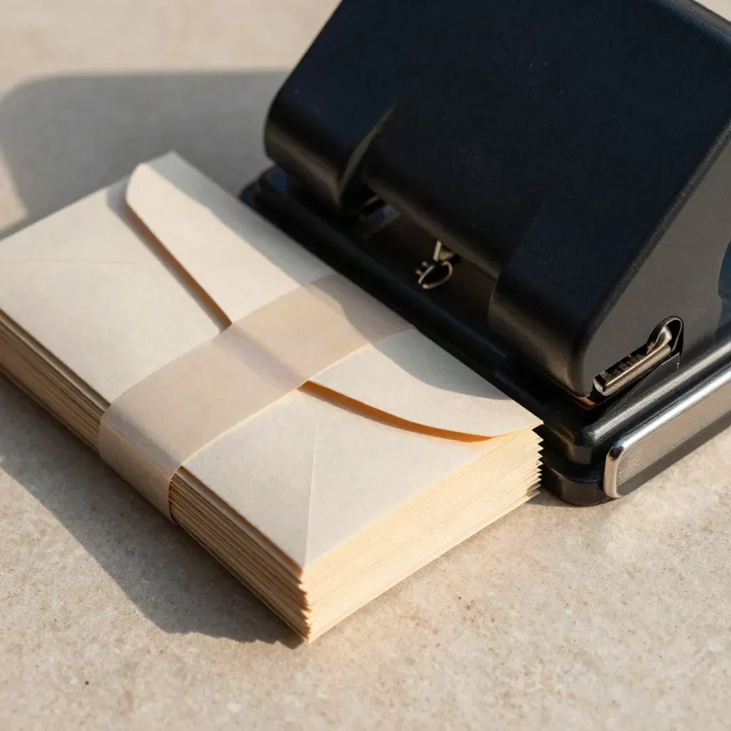 Ticket punch beside envelope bundles and a cash tray corner on stone, in a tight overhead close-up.