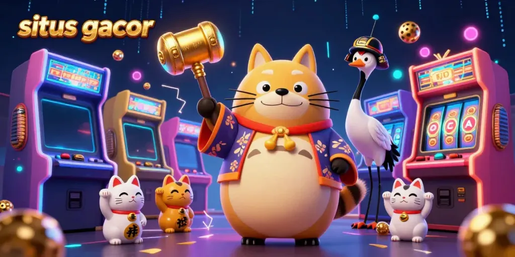 Maneki-neko dan tanuki dalam suasana bermain situs gacor dengan slot berlian dan jackpot yang bersinar.