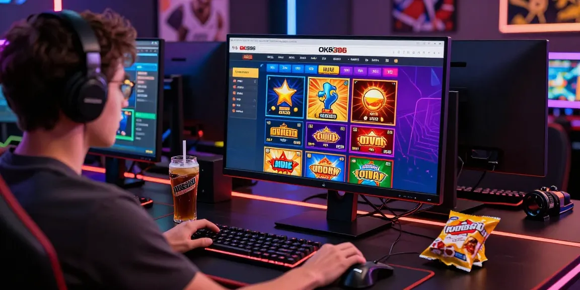 Exciting online gambling setup with OK8386 branding, vibrant gaming options and engaged player.