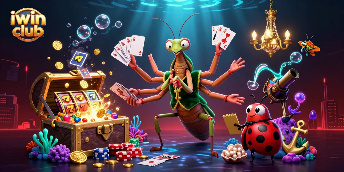Experience the thrill of iwin club with a vibrant casino scene showcasing a giant mantis dealer and a ladybug pit boss.