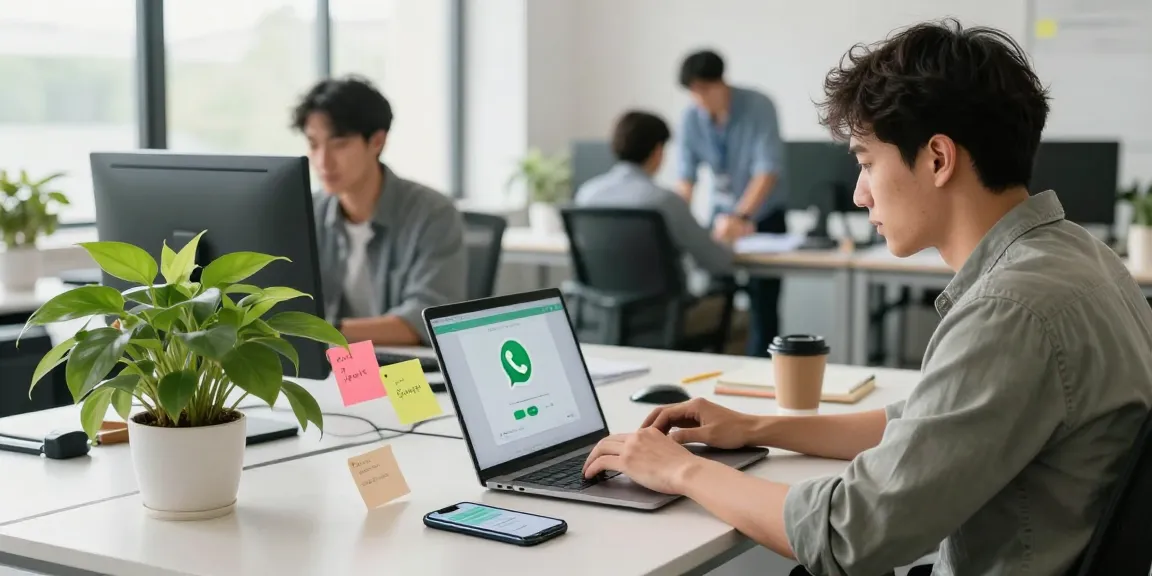 User engaging with WhatsApp網頁版 on desktop computer in modern office workspace, showcasing productivity and communication.