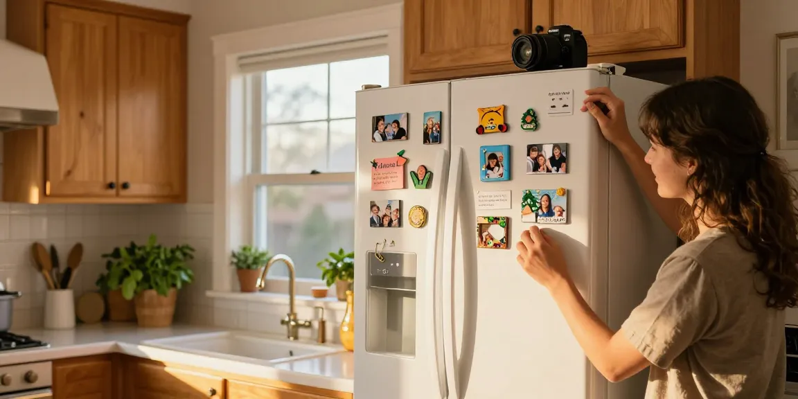 Custom magnets displayed on a fridge, capturing happy family moments in a cozy kitchen.
