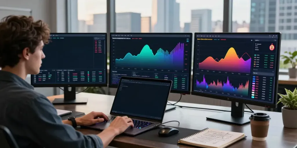 crypto market data API displayed on multiple screens in a modern trading workspace, focusing on cryptocurrency dashboards and analytical tools.